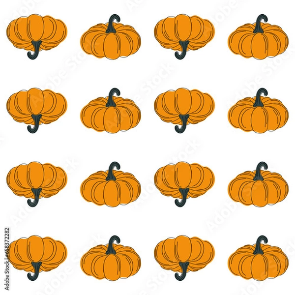 Fototapeta Hand drawn pumpkin seamless pattern. Modern linear style with colorful spots. Minimalist fall holiday background vector illustration. Ideal for fabric, textile, prints, wrapping paper.