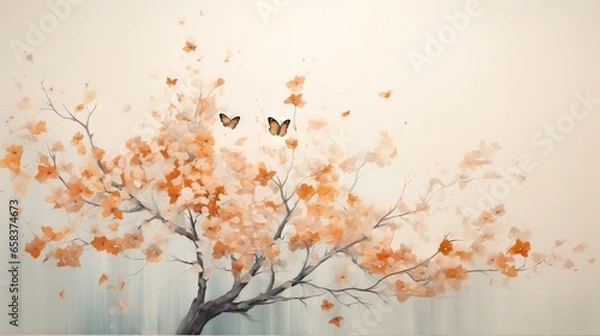 Fototapeta  a painting of a tree with two butterflies flying over it.  generative ai