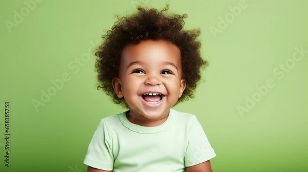 Fototapeta Cute little African American baby smiling laughing on a lime green background