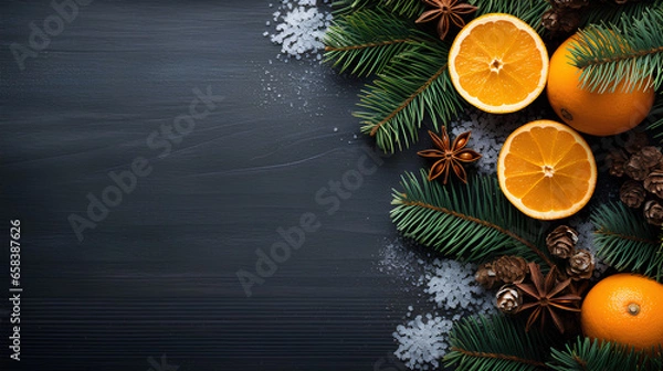 Fototapeta christmas composition with fir branches and tangerines