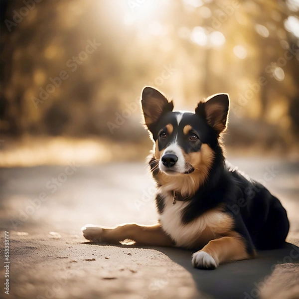 Fototapeta Generative AI, funny, cute dog puppies sitting on a road, grinning outside