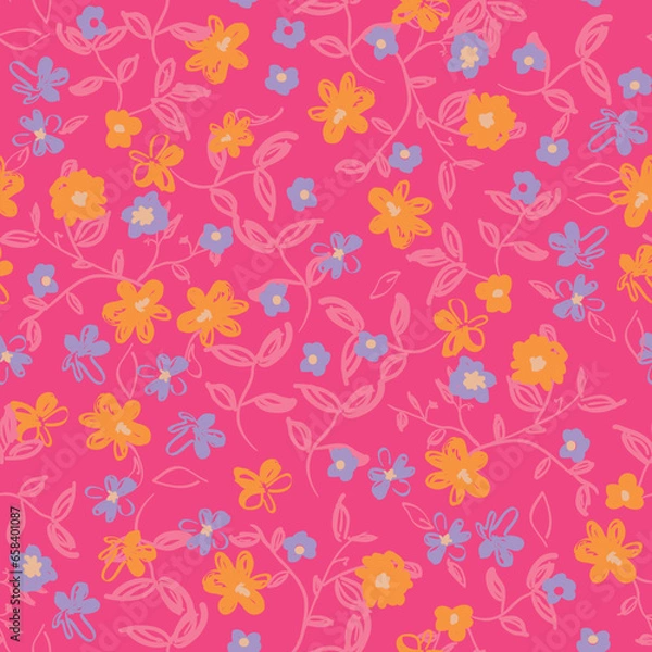 Fototapeta Abstract floral seamless pattern. Bright colors, gouache painting. Outline contour lines forming stylized blooming daisy flowers.
Curved lines and brush strokes.