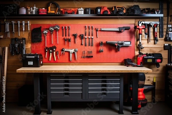 Fototapeta workingbench with equipment on the wall. 