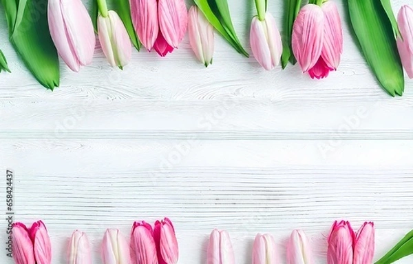Fototapeta tulips on a wooden background, White Wood Pink Tulip Background, Floral Pink Tulip on White Wood, Tulip Flower White Wood Backdrop, Pink Tulip on Rustic White Wood