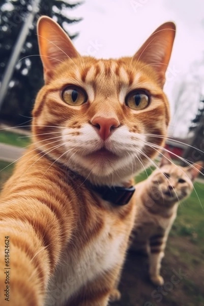 Fototapeta Two cats taking a selfie on a blurred background. Funny selfie portrait of cats. Adorable pet posing like he takes photos of himself with mobile smartphone. Cute cat blogger.