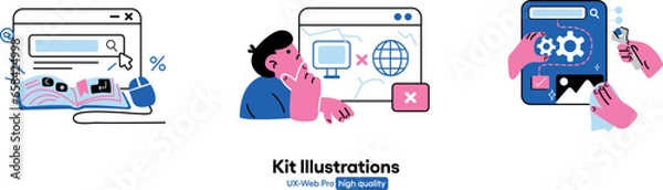 Fototapeta Web development illustrations. Collection of scenes with person involved in software, web, ux and ui development. Minimalist and modern vector style
