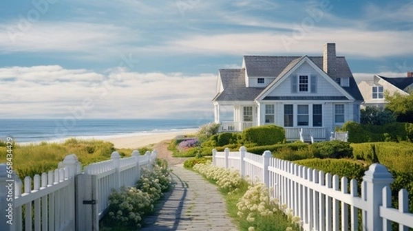 Fototapeta A coastal luxury home with a Cape Cod design, white picket fence, and a path leading to the beach. Keep the bottom-left corner free for text.