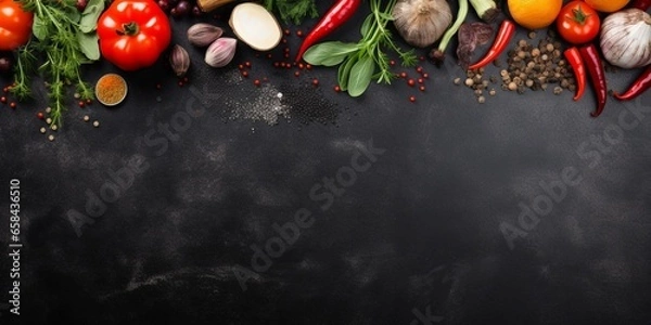 Fototapeta Food cooking background on black stone table. Fresh vegetables, herbs and spices. Top view with copy space. : Generative AI