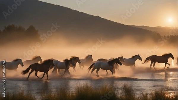 Obraz A wild herd of natural horses crossing the river, golden hour.