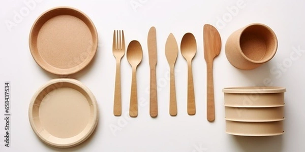 Fototapeta set of empty reusable disposable eco-friendly plates, cups, utensils on light white colored table background. top view. Biodegradable craft dishes. Recycling concept. Close-up. : Generative AI