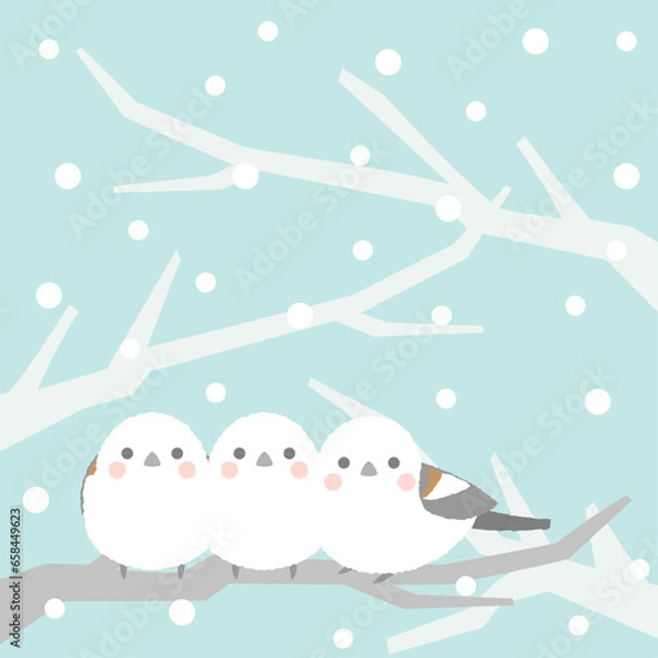 Obraz シマエナガと雪の冬のイラスト　アスペクト比1：1バージョン