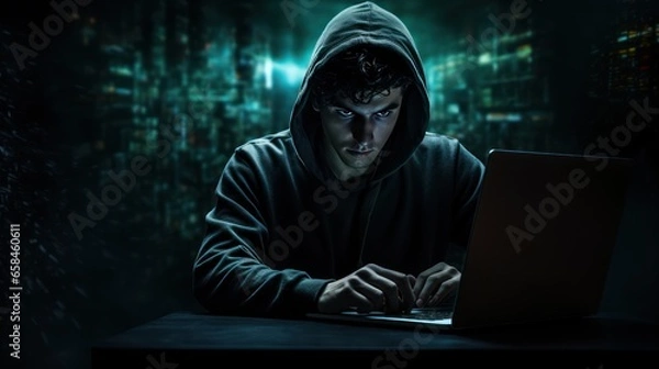 Obraz Cybercrime concept. A hacker, programmer, in a hood working in a dark workspace is hacking others' privacy, personnal information, security