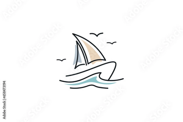 Fototapeta sailboat sailing ship logo with sea ocean waves in line art design style