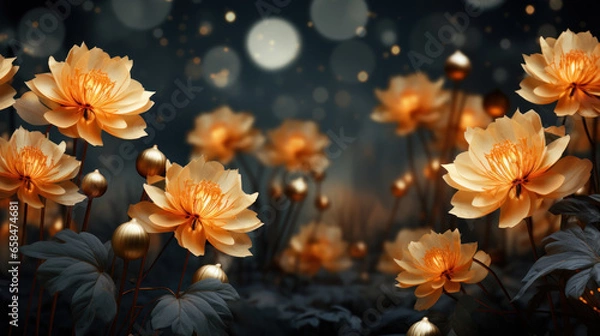 Fototapeta Luxury wallpaper flower. Abstract floral design luxurious, mural art, premium wallpaper, texture wall art design shiny golden light. For design textiles, prints, wallpapers, posters. Generative AI