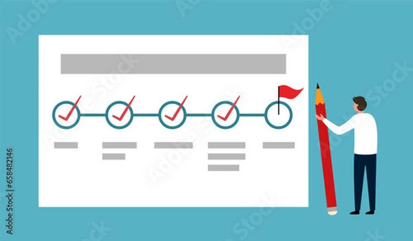 Obraz Project tracking, goal tracker, task completion or checklist to remind project progress concept. Businessman project manager holding big pencil to check completed tasks in project management timeline.