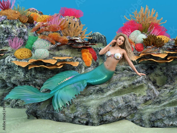 Obraz 3D render: a fantasy beautiful mermaid creature character is sitting on the rock among coral reef under the sea