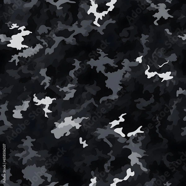 Fototapeta Seamless rough textured military, hunting or paintball camouflage pattern in a dark black and grey night palette. Tileable abstract contemporary classic camo fashion textile surface. Generative AI