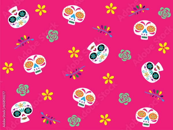 Fototapeta かわいいメキシコの骸骨とお花の背景・壁紙