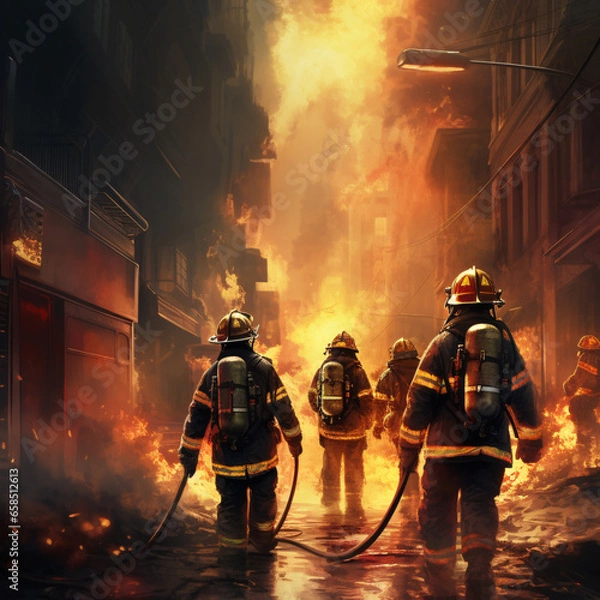 Obraz A firefighter stands in front of a burning fire