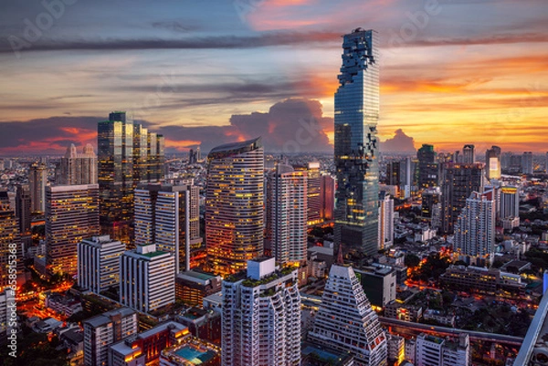 Fototapeta highest Building in bangkok city with sunset sky in silom district area