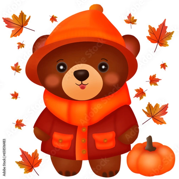 Fototapeta Autumn collection. A cute brown bear wearing autumn costume. Vector illustration drawing.