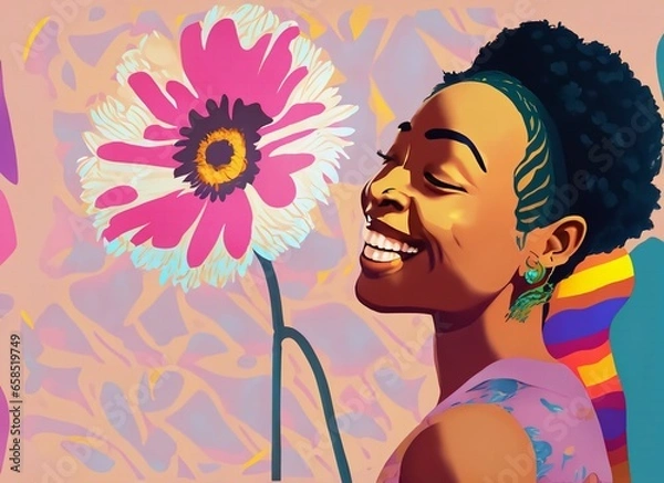 Fototapeta Woman's face, smiling, happy, colorful clothes and flowers