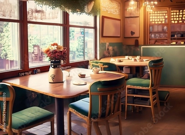 Fototapeta Table in a coffee shop There is a flower vase. 60's chairs, light coming through the window