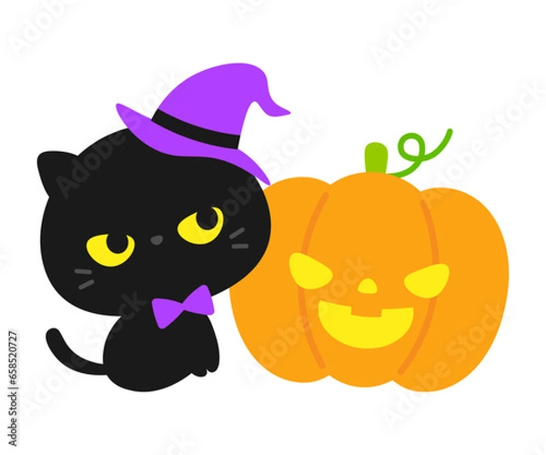 Obraz ハロウィンカボチャと帽子をかぶった黒猫