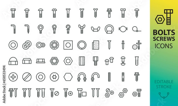 Fototapeta Screws, bolts and nuts isolated icons set. Set of fasteners, bolt, nut, twinfast screw, washer, plastic dowel, nail, metalware, metal construction hardware, rivet vector icon