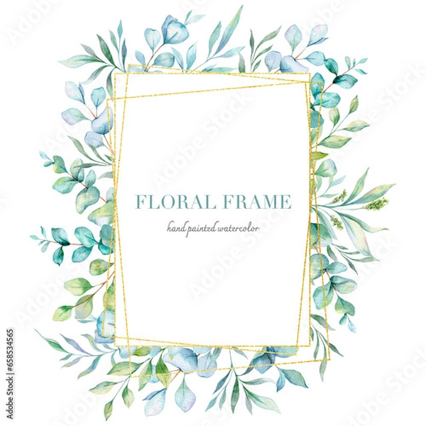 Obraz Eucalyptus Watercolor Frame. Eucalyptus Greenery Frame Hand Painted isolated on white background.  Perfect for wedding invitations, floral labels, bridal shower and  floral greeting cards