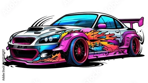 Fototapeta  a colorful car with flames on the front and side of it.  generative ai