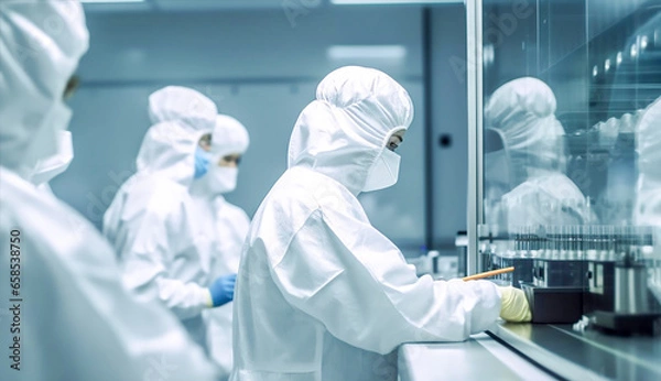 Obraz Pharmaceutical factory, researchers and workers in protective suits developing new drugs or medicines. Biopharmaceutical lab