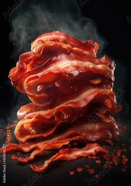 Fototapeta Crispy tasty slices of bacon on a dark background. Generative AI.