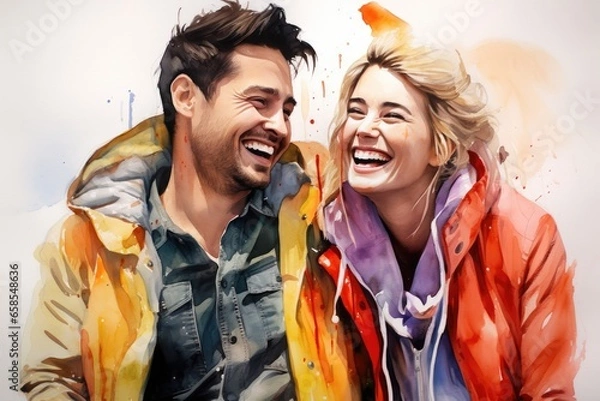 Fototapeta A portrait of a happy young couple in love. Multicolored paints. Created with Generative AI tools