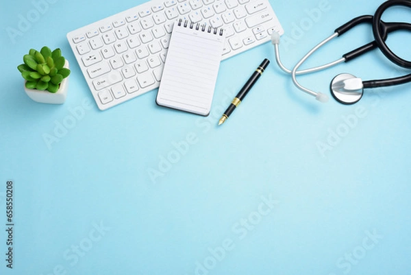 Obraz Stethoscope, computer keyboard, pen, note pad, and greenery on a blue background.