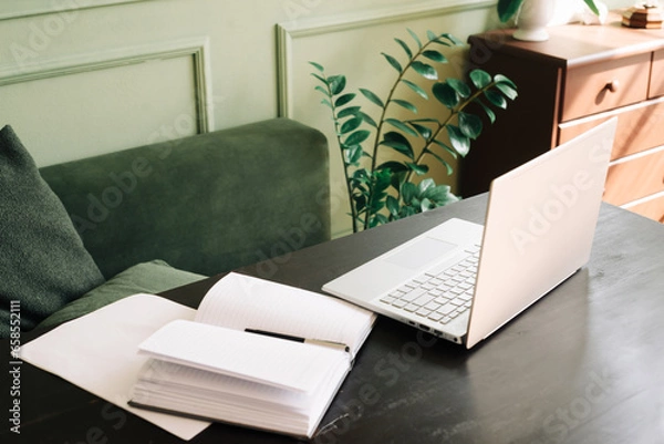 Fototapeta Modern Office Setup. Laptop, Technology, and Workspace for Business and Freelance. Modern Office Desk with Laptop and Technology. Business Workspace Concept.