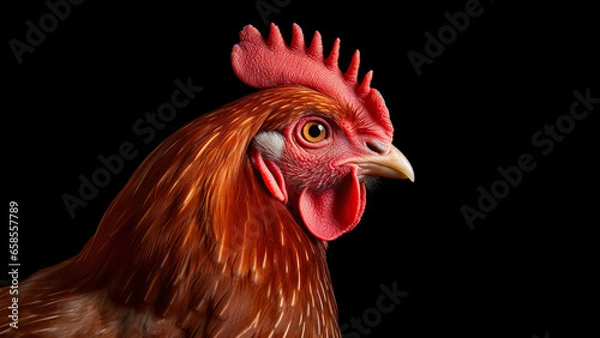 Obraz Chicken on black background, in the style of contemporary realist portrait.