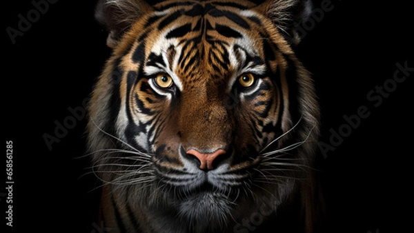 Fototapeta Tiger on black background, in the style of contemporary realist portrait.