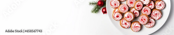 Fototapeta Top Down Photograph, Christmas Peppermint Candy Cane Cookies Isolated on a White Background, Generative AI
