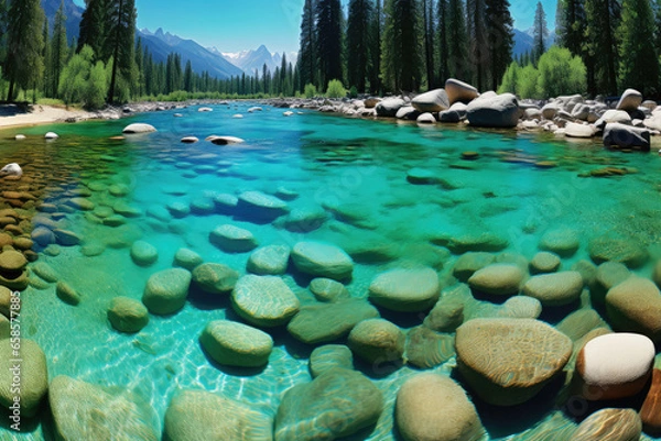 Obraz The majestic Yosemite Valley in California, USA, with its towering granite cliffs, cascading waterfalls, and lush green meadows. The combination of natural elements creates a breathtaking landscape th