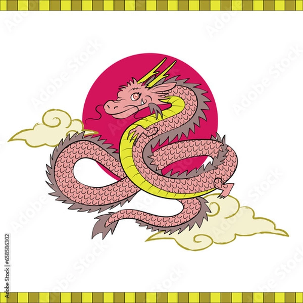 Obraz 赤い東洋風の龍が黄色い雲と赤い月が浮かぶ空を背景にとぐろを巻いて飛んでいるアニメタッチのイラ