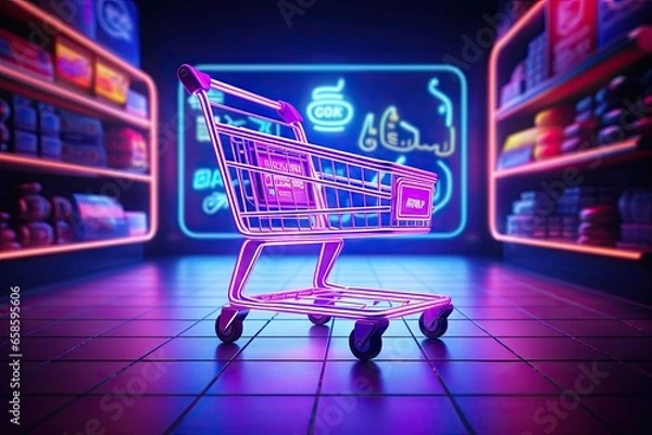 Fototapeta Digital shopping delight. Neon lit online store. E commerce revolution. Brighten cart with light. Tech savvy. Storefront experience