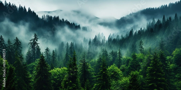 Fototapeta Misty mountain landscape with fir forest in vintage retro style. Generative AI