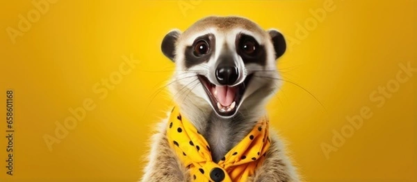 Fototapeta Cheerful happy eerkat animals dressed as clowns on a colorful background. Wide images, with cop text space. Generative AI