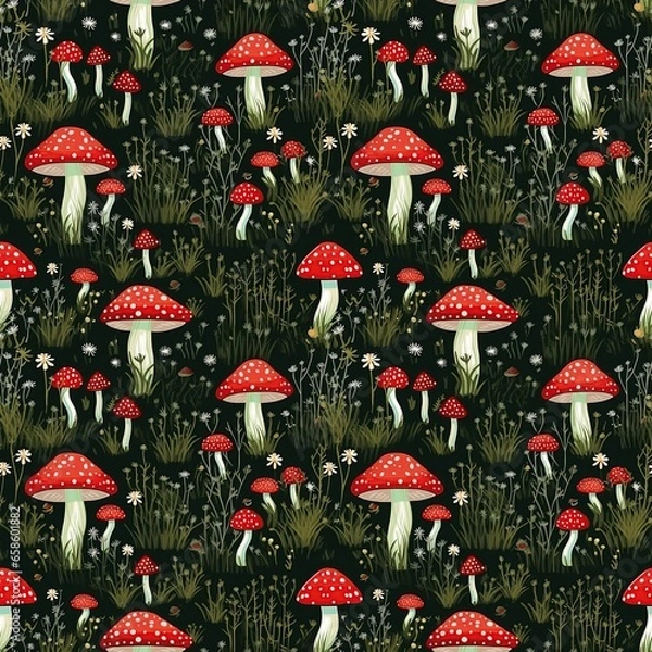 Fototapeta Mushroom seamless pattern. Amanita Muscaria (fly agaric) as seamless pattern. Red mushroom pattern.