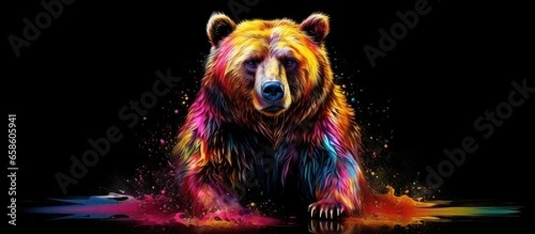 Fototapeta Painted colorful bear animal, they show off in beautiful colors. isolated black background. Pattern for t-shirt printing, Generative AI