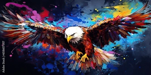 Fototapeta Painted colorful eagle animal, they show off in beautiful colors. isolated black background. Pattern for t-shirt printing, Generative AI