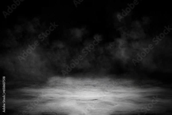 Fototapeta Concrete floor with smoke or fog in dark room with spotlight. Asphalt night street, black background, black and white