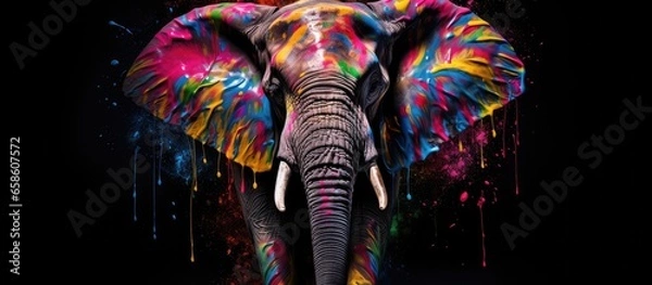 Obraz Painted colorful elephant animal, they show off in beautiful colors. isolated black background. Pattern for t-shirt printing, Generative AI