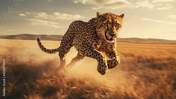 Obraz cheetah running through plains, sunrise, savannah